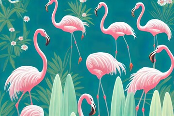 Fototapeta premium Pink flamingos in a delicate garden in a turquoise mist. Mural and Wallpapers for interior printing.