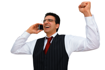 Gesture series: businessman gets positive message by cell phone.