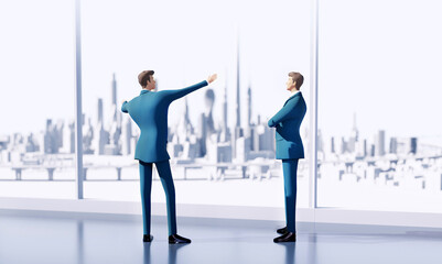 3D rendering illustration. Two business people talking in the office.