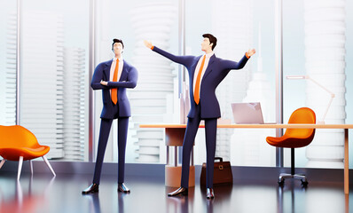 3D rendering illustration. Two business people talking in the office.