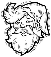 Funny Santa Claus face, hand drawn cartoon character, comic personage illustration. Decorative element for poster print, Christmas party invitation, postcard design. Traditional winter celebration.