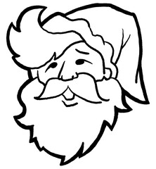 Funny Santa Claus face, hand drawn cartoon character, comic personage illustration. Decorative element for poster print, Christmas party invitation, postcard design. Traditional winter celebration.