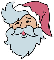 Funny Santa Claus face, hand drawn cartoon character, comic personage illustration. Decorative element for poster print, Christmas party invitation, postcard design. Traditional winter celebration.
