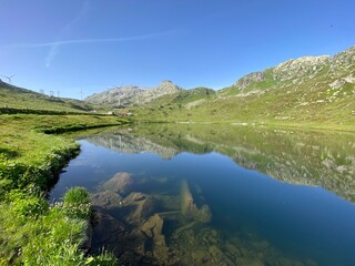 Obraz premium Summer atmosphere on the Lago di Rodont lake (Lake Rodont) in the Swiss alpine area of the mountain St. Gotthard Pass (Gotthardpass), Airolo - Canton of Ticino (Tessin), Switzerland (Schweiz)