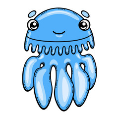 Cartoon smiling jellyfish. Sea animal in childish style. Vector illustration isolated on white background.