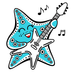 Cute cartoon starfish plays the guitar. Vector illustration isolated on white background.