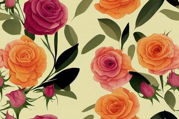 Abstract floral seamless print beautiful bouquets of roses drawn by paints with buds and foliage. Perfect pattern for your design and textile decoration.