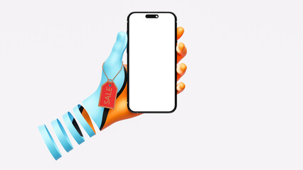 Online Shopping on the smartphone. A design hand holding a mock up mobile phone on white back ground