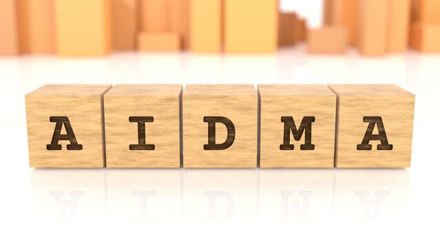 Word AIDMA engraved on wooden blocks reflected on the beautiful table. Business concept. In the back are wooden cuboids in various shapes. (3D rendering)