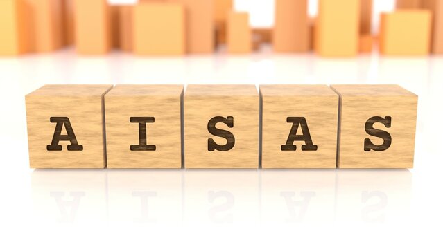 Word AISAS branded on cube wood reflected on the beautiful table. Business concept. In the back are wooden cuboids in many different shapes. (3D rendering)