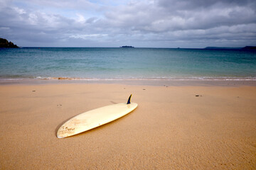 Fototapeta na wymiar Mother Ivys Bay Padstow Cornwall UK 1029 2022 Vintage 1970s Cornish Surfboard TIG 
