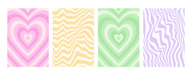 Y2k backgrounds. Waves, swirl, twirl pattern. Vector posters with heart, lines. Twisted and distorted texture in trendy retro 2000s style.