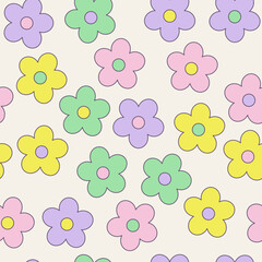 Y2k seamless pattern with groovy daisy. Vector background in trendy retro trippy 2000s style. Lilac, pink, yellow and green color. Funny cute texture for surface design.