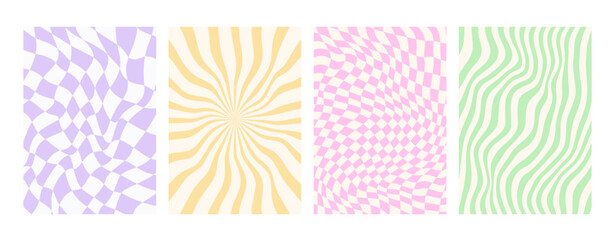 Y2k backgrounds. Waves, swirl, twirl pattern. Vector posters with chessboard, lines. Twisted and distorted texture in trendy retro 2000s style.