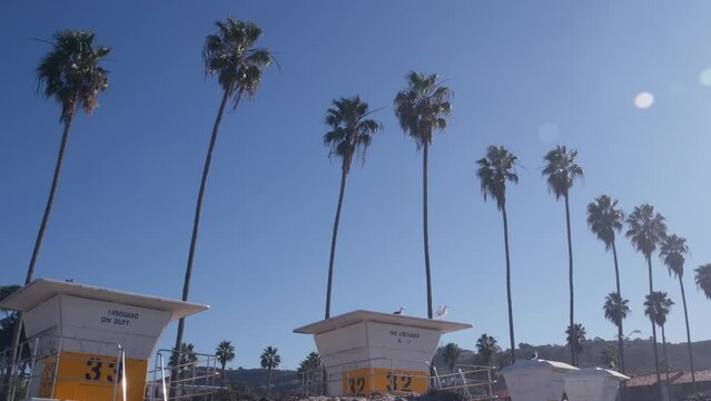 Lifeguard stand or life guard tower hut, surfing safety on California beach, USA. Summer pacific ocean aesthetic. Rescue station, coast lifesavers wachtower or house, palm trees in La Jolla, San Diego