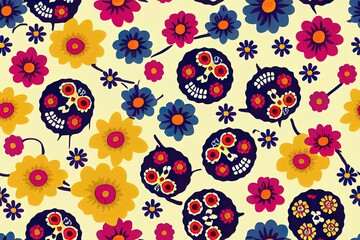 Dia de los muertos seamless 2d illustrated pattern. Mexican Day of the Dead mariachi and Catrina with sombrero, maracas and marigold flowers, cactus, candles and bunting