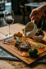 Man pouring white sauce on steak served on a wooden platter with a glass of wine on the side