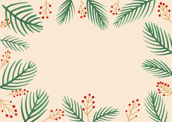 Christmas illustration with pine leaves and red fruits.