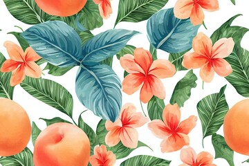 Seamless peach pattern with tropic fruits, leaves, flowers background. 2d illustrated illustration in watercolor style for summer cover, tropical wallpaper, vintage texture, backdrop, wedding