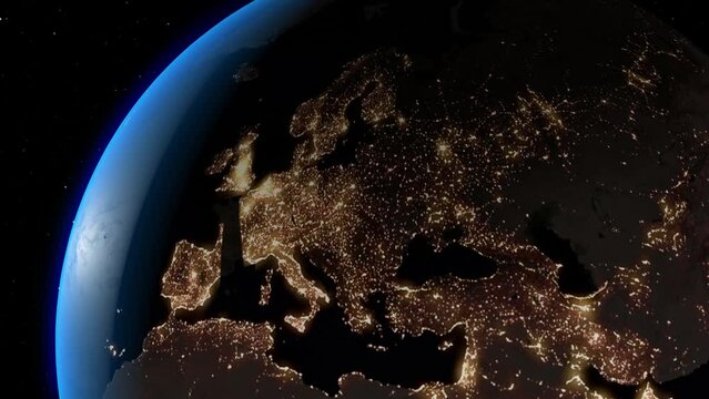 Power outage in Europe. Space view of night lights going dark across the European continent.