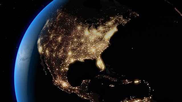 Power outage in USA. Space view of night lights going dark in North America.