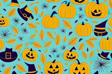 Naklejka na ściany i meble Happy Halloween Autumn fall retro groovy seamless pattern print for fabric, stationery, wallpaper, textile. Repeating digital paper with retro 60s 70s hand drawn 2d illustrated illustrations