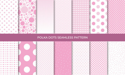 Set of seamless pink polka dot backgrounds. Seamless background in circle. Soft pink polka dot seamless pattern set. Baby background. Vector illustration - obrazy, fototapety, plakaty