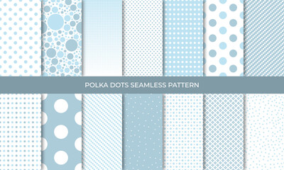 Set of seamless blue polka dot backgrounds. Seamless background in circle. Soft blue polka dot seamless pattern set. Baby background. Vector illustration - obrazy, fototapety, plakaty