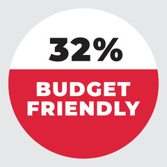 32% Budget Friendly vector sign. Warning red tag banner 