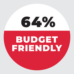 64% Budget Friendly vector sign. Warning red tag banner 