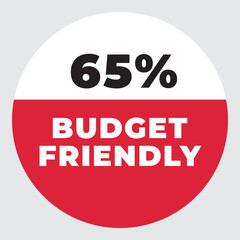 65% Budget Friendly vector sign. Warning red tag banner 