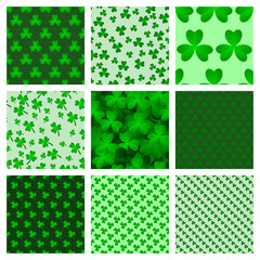 Green clover leaves seamless patterns set. Abstract geometric backgrounds. Seamless vector patterns collection. Vector illustration