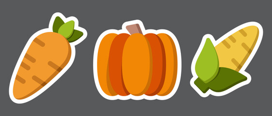 Set of colorful vegetables. Natural fresh organic vegetables. Isolated stickers of vegetables. Cartoon style vector illustration