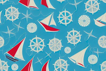 Vintage nautical style marine sailing elements 2d illustrated seamless pattern patchwork
