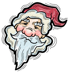 Funny Santa Claus face, hand drawn cartoon character, comic personage illustration. Decorative element for poster print, Christmas party invitation, postcard design. Traditional winter celebration.