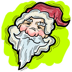 Funny Santa Claus face, hand drawn cartoon character, comic personage illustration. Decorative element for poster print, Christmas party invitation, postcard design. Traditional winter celebration.