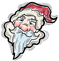 Funny Santa Claus face, hand drawn cartoon character, comic personage illustration. Decorative element for poster print, Christmas party invitation, postcard design. Traditional winter celebration.