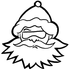 Funny Santa Claus face, hand drawn cartoon character, comic personage illustration. Decorative element for poster print, Christmas party invitation, postcard design. Traditional winter celebration.