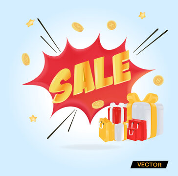 Discount with boxes and packages. Text and sticker in pop art style. Vector 3D graphics in high quality