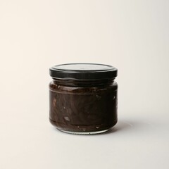 Transparent jar with a black lid containing food on a neutral background