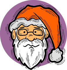 Funny Santa Claus face, hand drawn cartoon character, comic personage illustration. Decorative element for poster print, Christmas party invitation, postcard design. Traditional winter celebration.