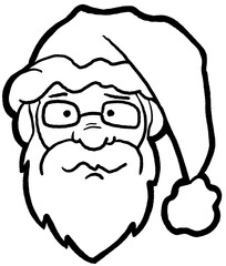 Funny Santa Claus face, hand drawn cartoon character, comic personage illustration. Decorative element for poster print, Christmas party invitation, postcard design. Traditional winter celebration.