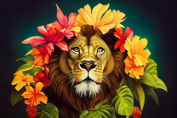 Close-up Portrait von König der Löwen in tropischen Blumen und Blättern. Malerisches Porträt Tier der wild lebenden Tiere. Digitale Illustration © Viks_jin