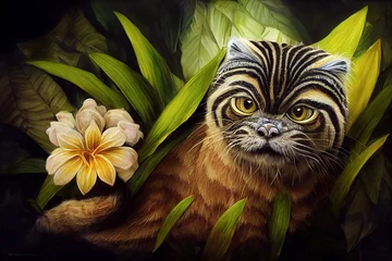 Porträt einer schönen Katze, Pallas-Katze, in tropischen Blumen und Blättern. Malerisches Porträt Tier der wild lebenden Tiere. Digitale Illustration © Viks_jin