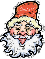 Funny Santa Claus face, hand drawn cartoon character, comic personage illustration. Decorative element for poster print, Christmas party invitation, postcard design. Traditional winter celebration.
