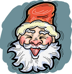 Funny Santa Claus face, hand drawn cartoon character, comic personage illustration. Decorative element for poster print, Christmas party invitation, postcard design. Traditional winter celebration.