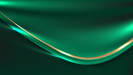 Abstract luxury green fabric satin background with shiny golden line with lighting effect © phochi