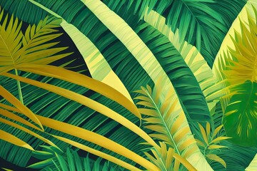 Tropical background with jungle plants. Palm leaves. Floral exotic hawaiian wallpaper. Rainforest. Summer tropical leaf. Exotic hawaiian jungle, summertime style. Summer illustration.