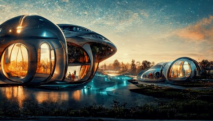 Space expansion concept of human settlement in alien world with green plant as proof of life in space. Spectacular space colony glass dome habitat provide sustainable food. Digital art 3D illustration - obrazy, fototapety, plakaty