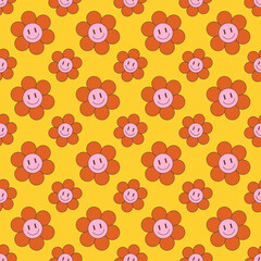 Smiling cute flowers. Seamless floral vector pattern. - 542084902